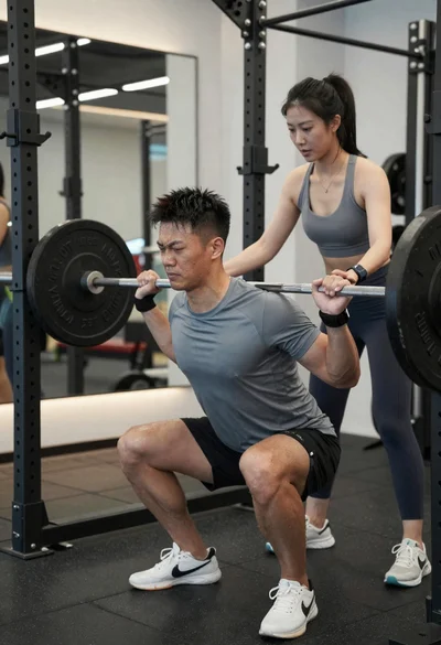 Male client squatting with trainer guidance in clean modern gym setting