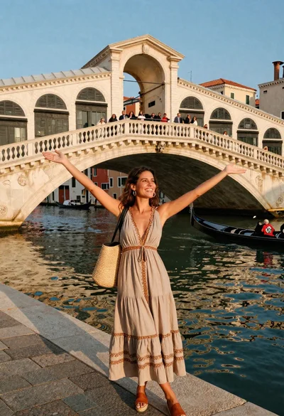 Exhilarated woman taking selfie at rialto bridge during golden hour