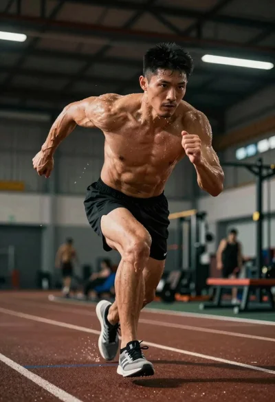 Low angle shot of an athlete showing peak athletic intensity during training