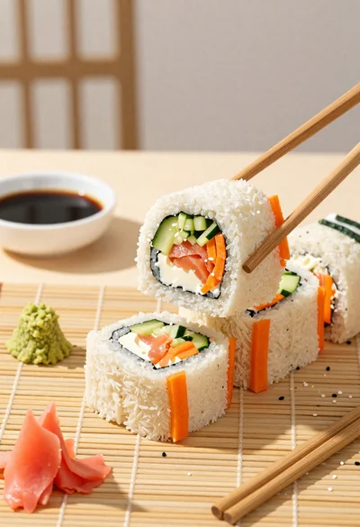 Close up overhead view of bread sushi rolls with colorful fillings