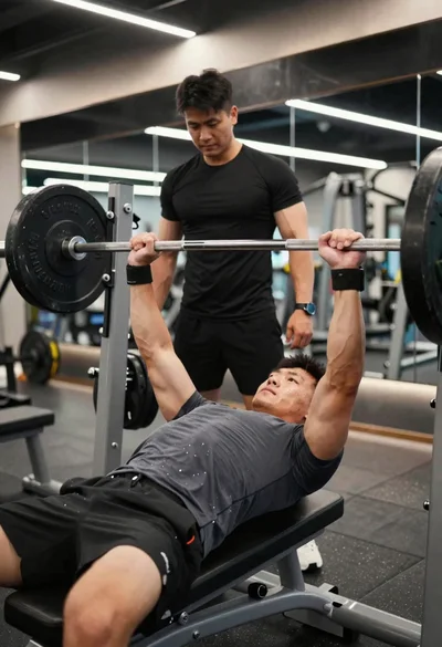 Muscular male athlete performing heavy bench press in modern gym setting