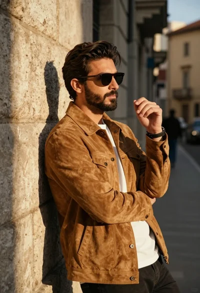 Handsome man in tan suede jacket leaning against stone wall in alleyway