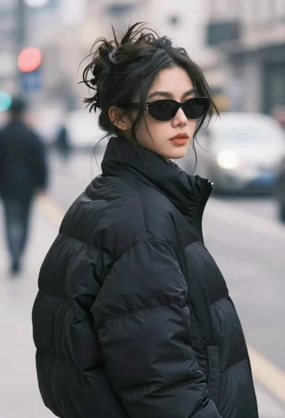 Stylish woman in black puffer jacket looking over shoulder on urban street