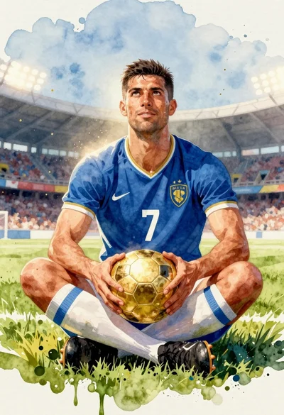 Muscular soccer player sitting on grass holding golden ball watercolor style
