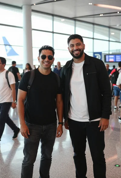 Two smiling men standing side by side in a busy airport terminal