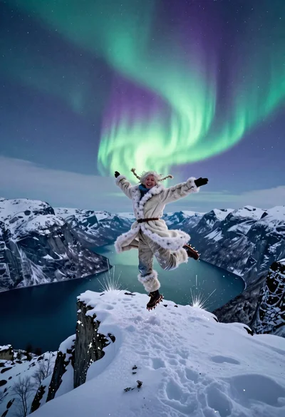 Explorer woman dancing near trolltunga cliff under northern lights