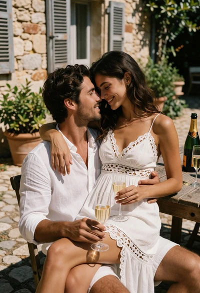 Romantic couple sharing an intimate moment on a sundrenched patio setting