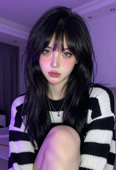 Close up portrait of young woman with black hair and green eyes