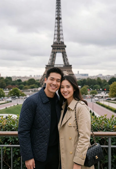 Couple posing affectionately in front of the eiffel tower paris cityscape