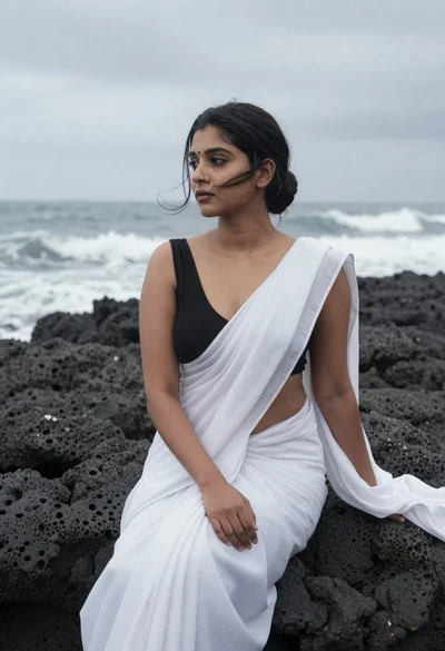 Woman in white saree sitting on dark volcanic rocks by sea