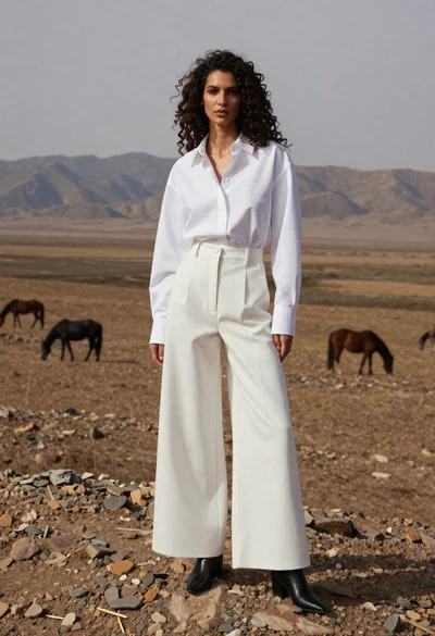 Woman in white shirt on rocky steppe with horses