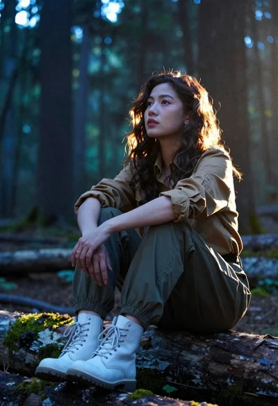 Woman sitting contemplatively on mossy log in sundappled forest