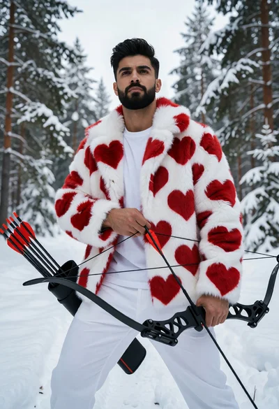 Man in white faux fur coat holding bow in snowy pine forest