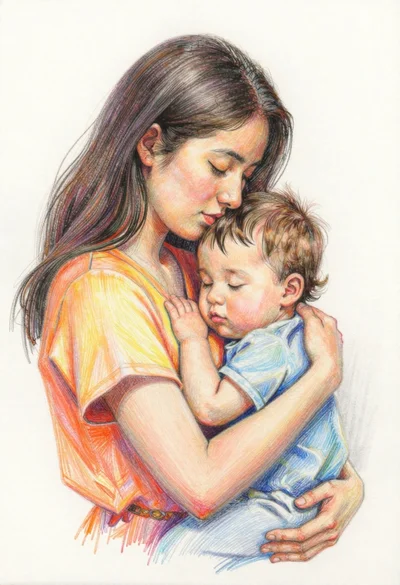 Colored pencil sketch of mother embracing child