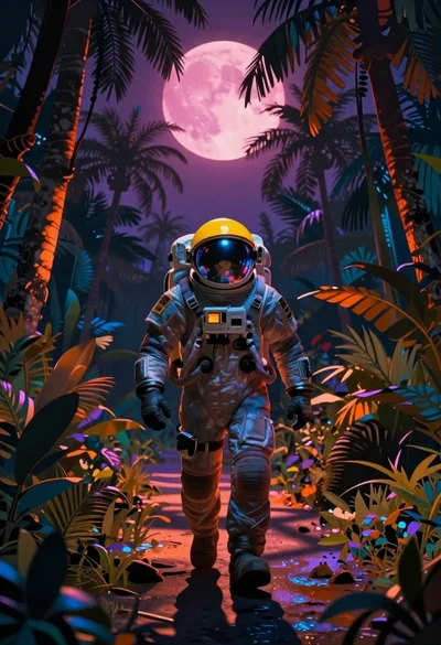 Astronaut walking through a surreal glowing jungle path