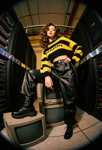 Young woman in striped sweater on stack of monitors in server room