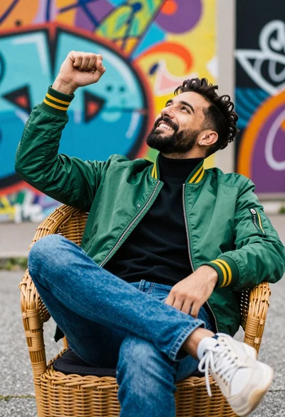 Smiling man in green bomber jacket seated on wicker chair against graffiti
