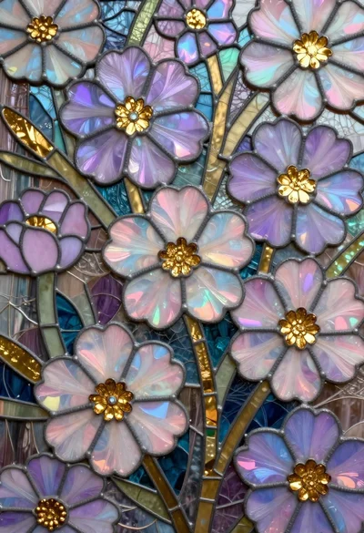 Close up of stained glass floral mosaic pattern