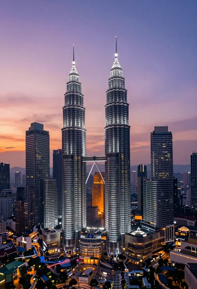 High angle wide shot of twilight cityscape featuring petronas twin towers