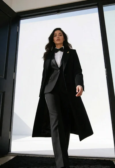 Woman in black tuxedo walking through doorway against bright white minimalist background