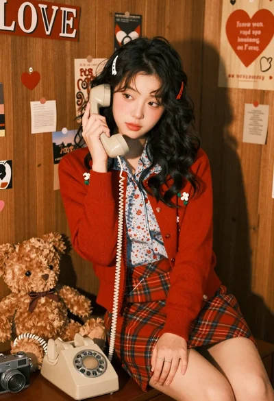 Young woman with dark hair holding a vintage rotary phone in cozy