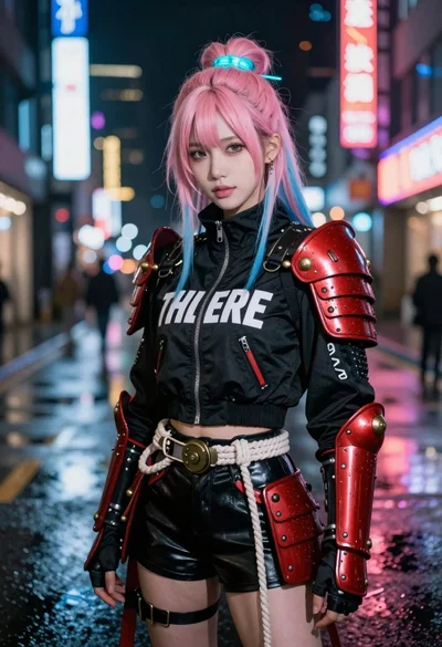 Woman with colorful hair on rainy neon city street