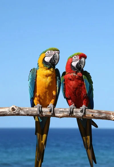 Two vibrant macaws perched on branch against bright blue sky and ocean