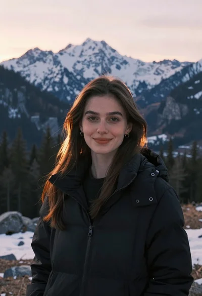 Young woman in black jacket near snow capped mountains