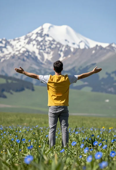 Man standing in green field with outstretched arms facing snow capped mountain