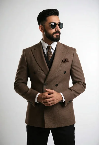 Full body portrait of man in brown suit against white studio background