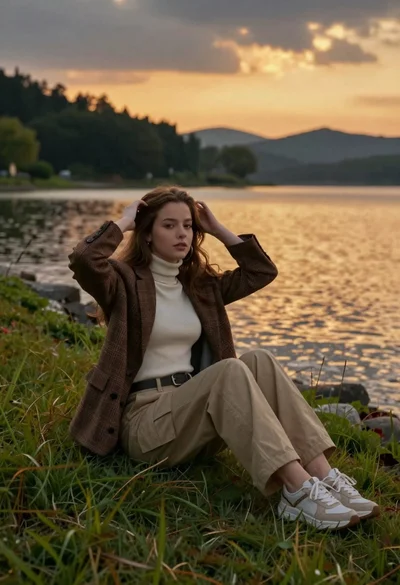 Young woman sitting on grassy bank by lake at sunset framing hair