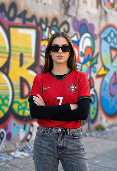 Confident young woman in red soccer jersey standing before colorful graffiti wall