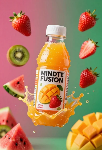 Plastic bottle of orange juice exploding in a vibrant splash against a