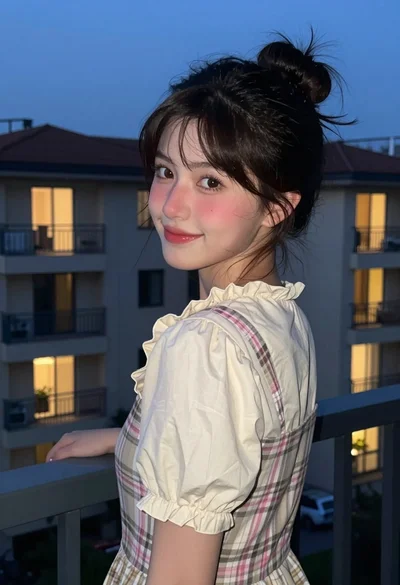Young woman in plaid jumper dress looking over shoulder at dusk