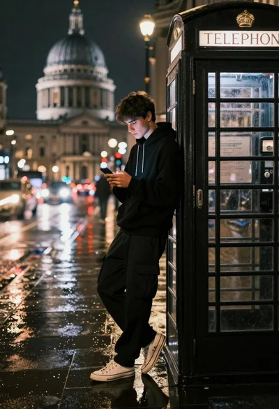 Young man in black hoodie leaning against telephone booth on wet street