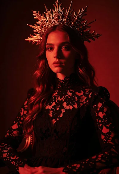 Solemn portrait of woman in sunburst crown and dark lace dress