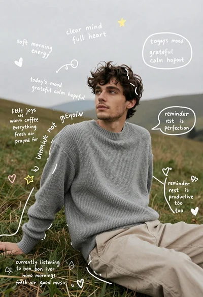 Young man in grey sweater sitting on a grassy hillside looking up