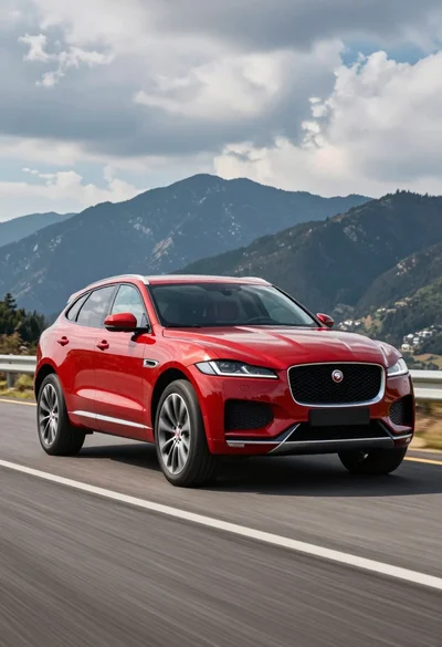 Glossy red jaguar f pace suv driving on paved road against dark