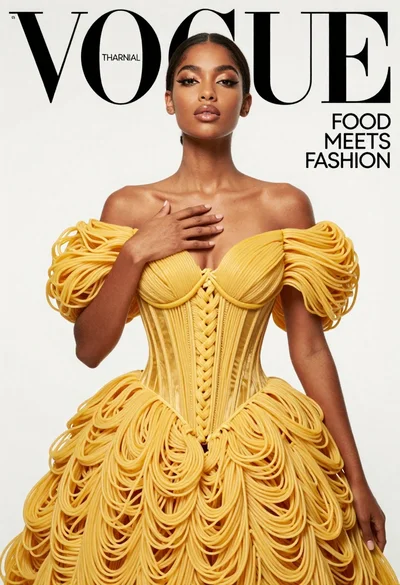 Elegant woman in noodle gown for fashion magazine cover