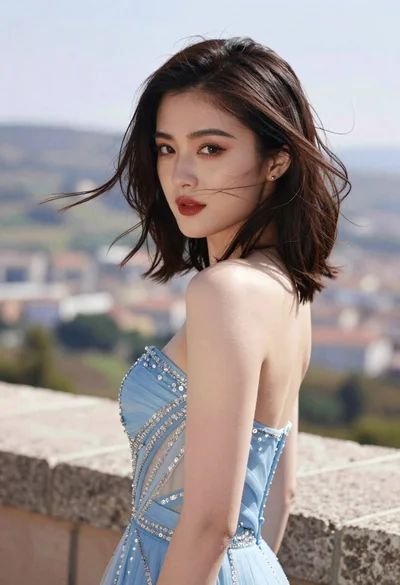 Young woman in blue gown looking back over shoulder outdoors