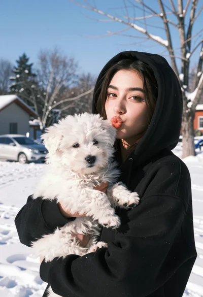Young woman in black hoodie holding white puppy in snowy winter landscape