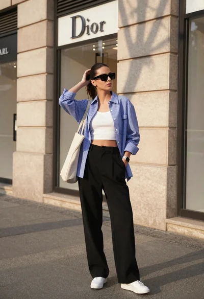 Stylish young woman in striped shirt standing on city sidewalk near luxury