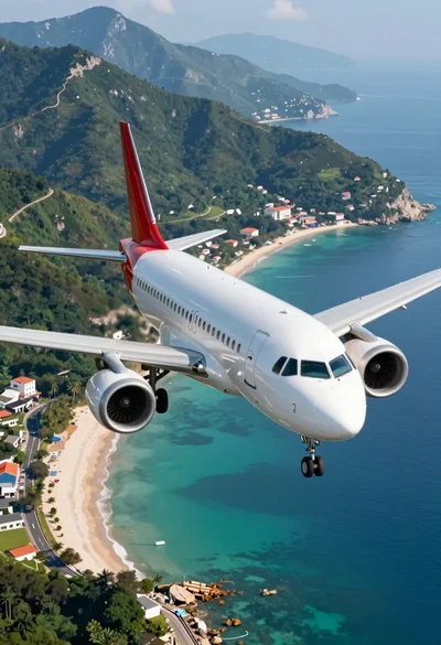 Sleek commercial airplane flying low over turquoise waters toward a coastal village