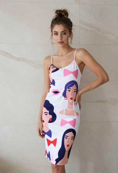 Young woman in white slip dress with graphic print against marble tiles