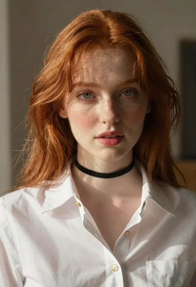 Close up portrait of red haired woman in white shirt