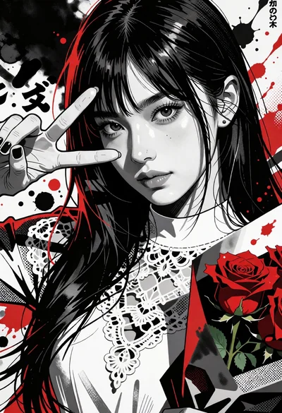 Closeup portrait of young woman with dark hair holding roses