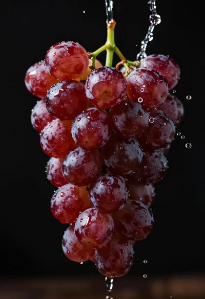 Hyperrealistic macro shot of glossy red grapes splashing in a black void