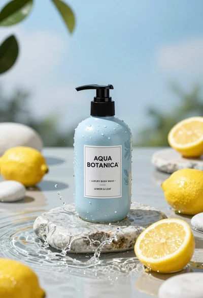 Product shot of light blue body wash bottle with lemons on wet