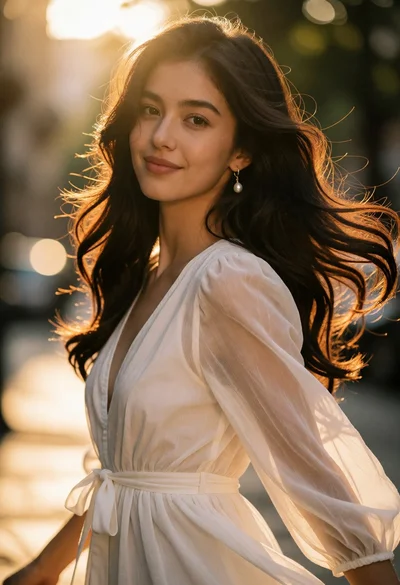 Young woman in white sheer dress looking back at sunset golden hour