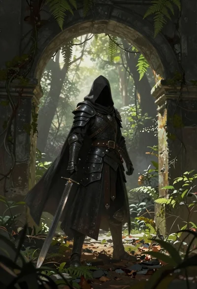 Warrior in dark armor within ancient overgrown stone archway